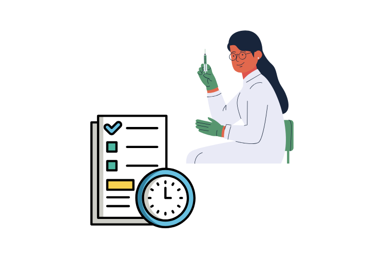 Illustration of a healthcare professional holding a syringe, alongside a checklist and a clock, symbolizing the administration and scheduling process of BRIXADI treatment.