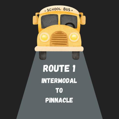 A cartoon school bus with "Route 1: Intermodal to Pinnacle" displayed on the road in front of it.