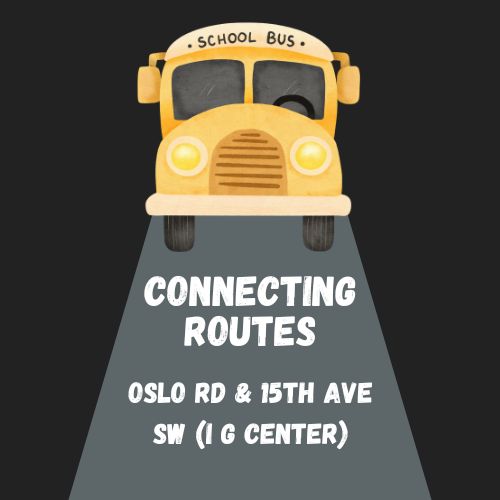 Illustration of a school bus with "Connecting Routes: Oslo Rd & 15th Ave SW (IG Center)" highlighted on a road graphic below